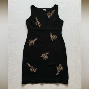 Ann Taylor Loft Sleeveless Black Midi Dress with Tan Embroidered Flowers 12